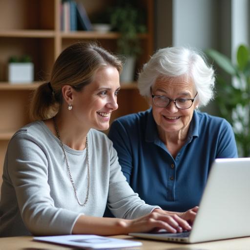 A friendly tutor patiently guiding a senior woman on a laptop.