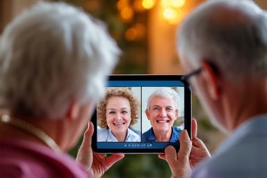 A senior couple video chatting with their grandchildren on a tablet.